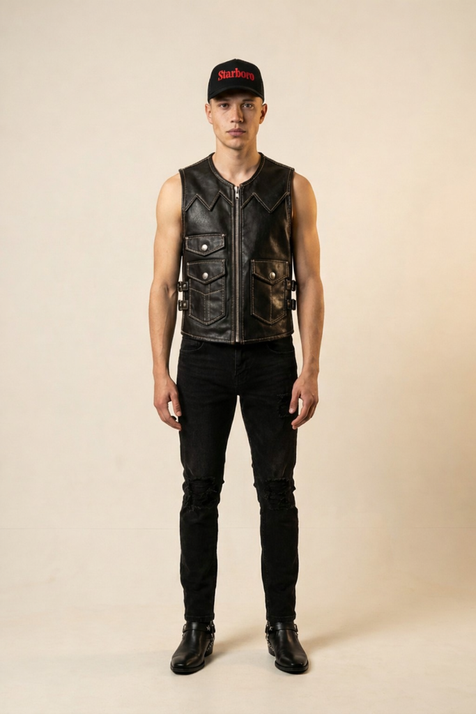 UTILITY LEATHER VEST BLACK | OBI DOMIENO