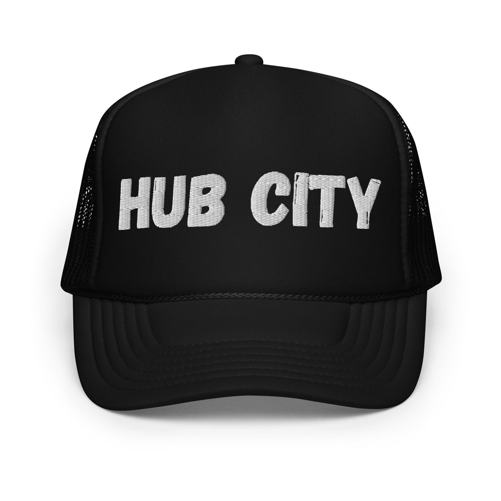 HUB CITY TRUCKER BLACK CAP WITH WHITE THREAD