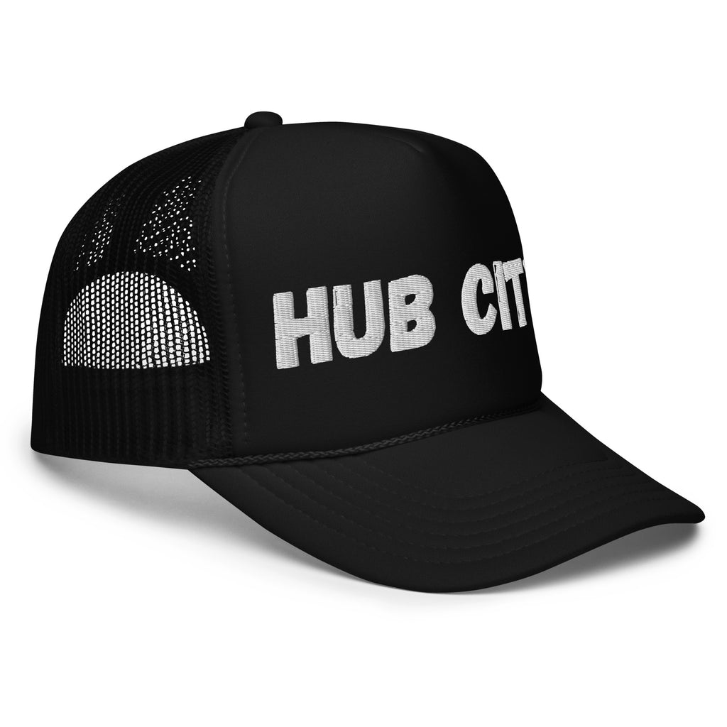 HUB CITY TRUCKER BLACK CAP WITH WHITE THREAD