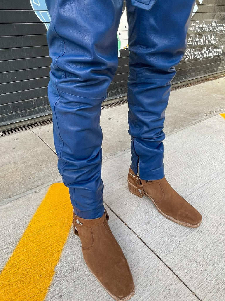 Gorgeous Vintage Navy Blue Bootcut Leather Pants With Lightning Bolt Stitch  Detail — Star Struck Vintage